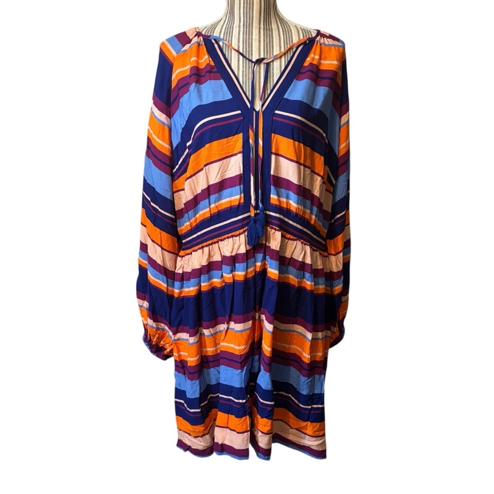 Eloquii Dress Size 18 Multicolor Striped Long Balloon Sleeves V-Neck Ties Rayon